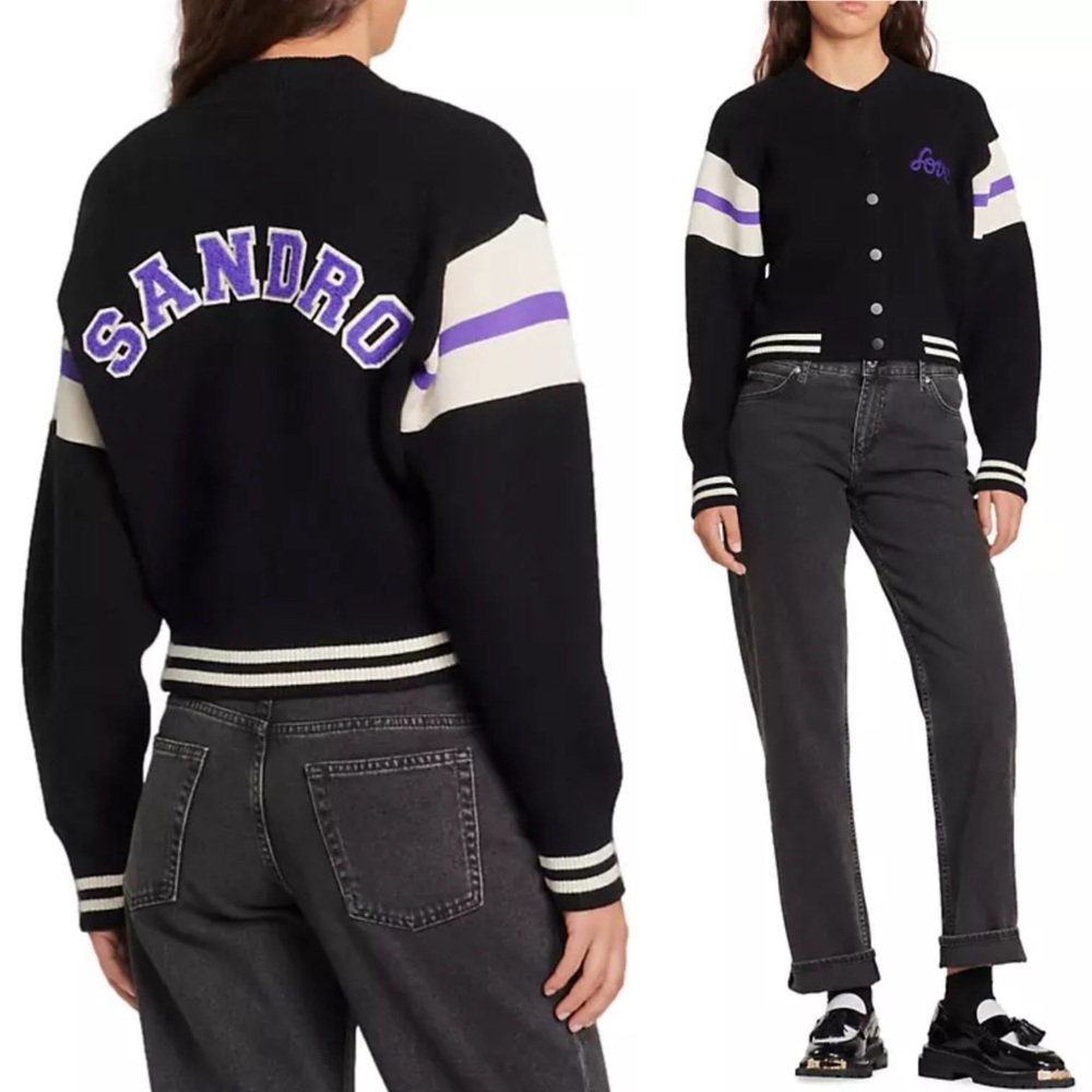 NWT Sandro Ashton Varsity Cardigan Bomber Jacket Cropped Boxy Fit